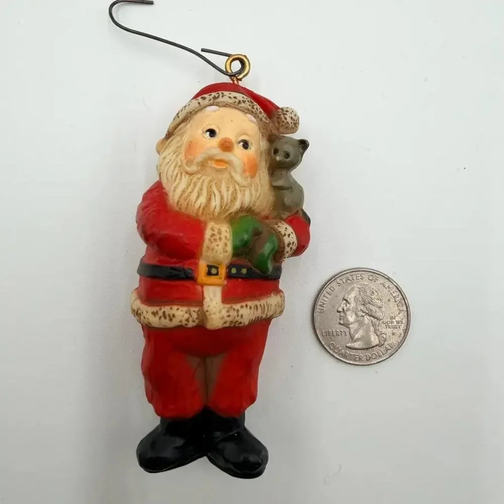 Vintage Santa Claus Christmas Ornaments Lot of 2 Folk Art Wood Carved Tree Decor